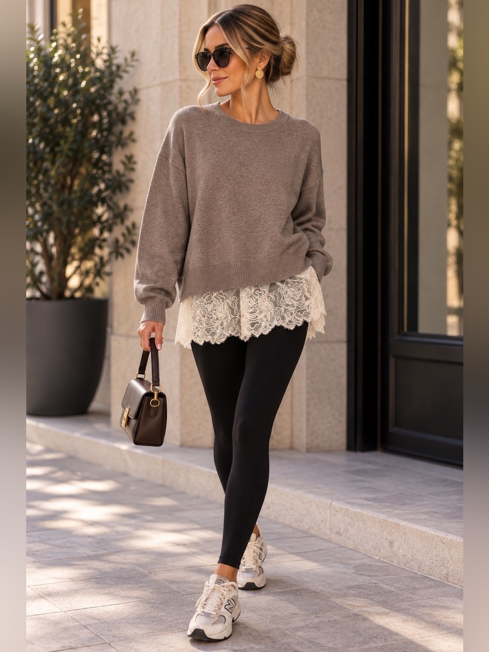 Zara Taupe Crewneck Sweater with Cream Lace Trim NWT